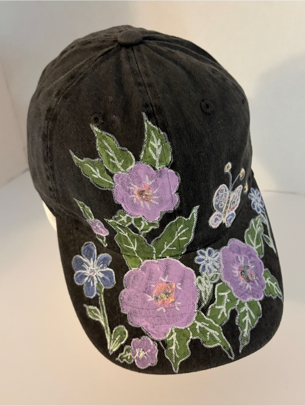 Black Floral Hand Painted Baseball Cap with Purple Flowers
